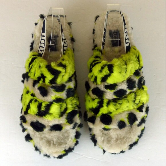 UGG Fluff Yeah Animalia Slippers Women 8 Neon Green Black Leopard Sandals Grunge - Picture 7 of 15